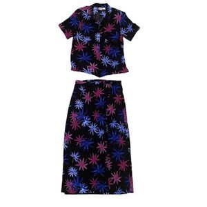 Vintage Two Piece Tropical Floral Black Vacation Button Front Fo Slit Maxi Dress